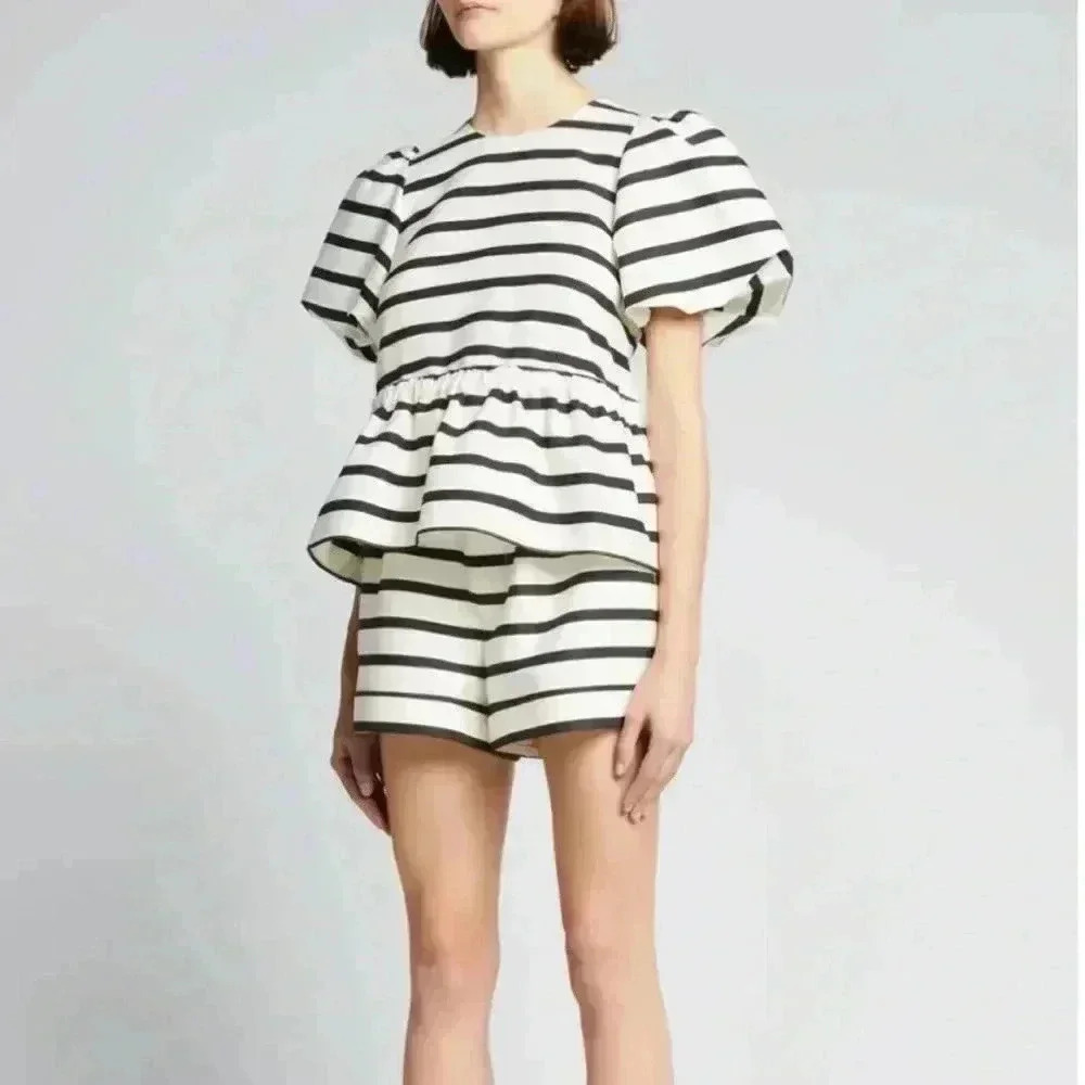 NWT Tanya Taylor Kelsey Stripe Peplum Top Black White 2